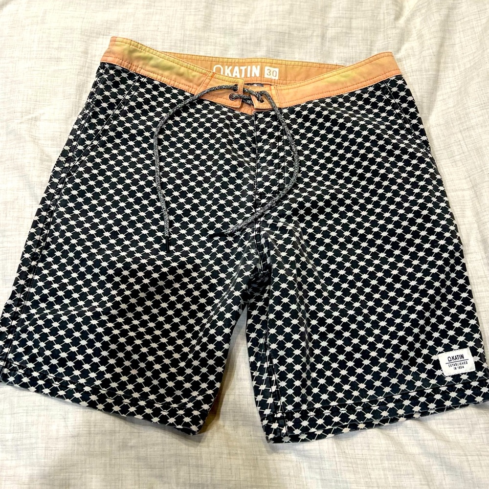 Men’s Katin Swim Trunks, black/white diamond checkers with peach waste band